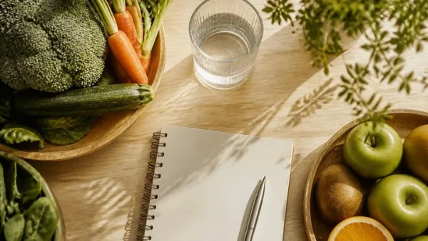 Mesa de consulta de nutrición con verduras y fruta fresca